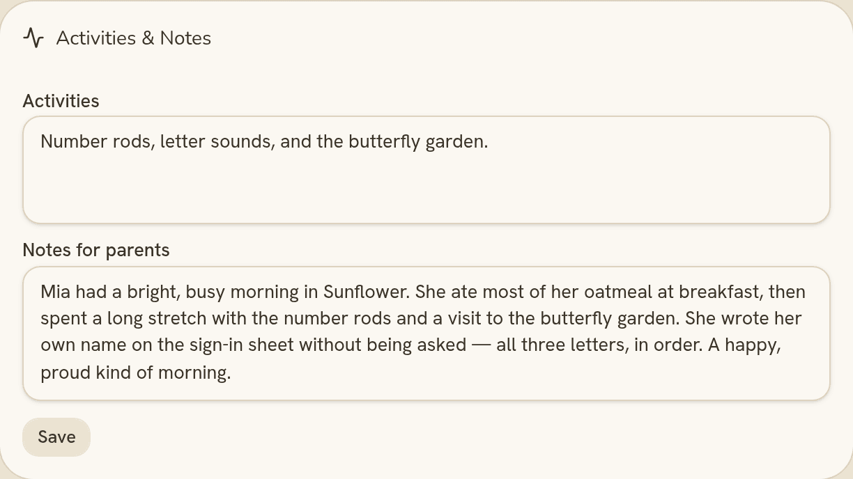 The Notes for parents box on a demo daily report, with a draft written by Saplyn AI from the day's logged entries and a reminder to review before publishing.