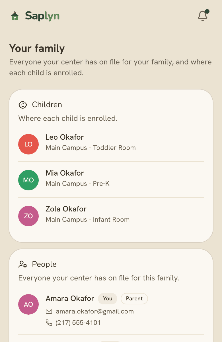 La página de la familia en el portal para padres