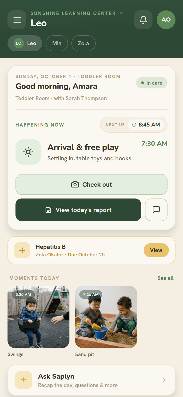 The home screen of the Saplyn parent app: today's photos, the daily report and messages from the classroom.